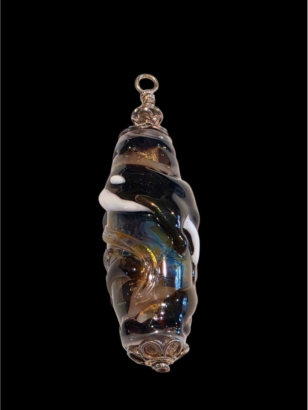 Artisan Lampwork Glass Orca Pendant 3D Killer Whale Silver Bali Wire Wrapped 28g
